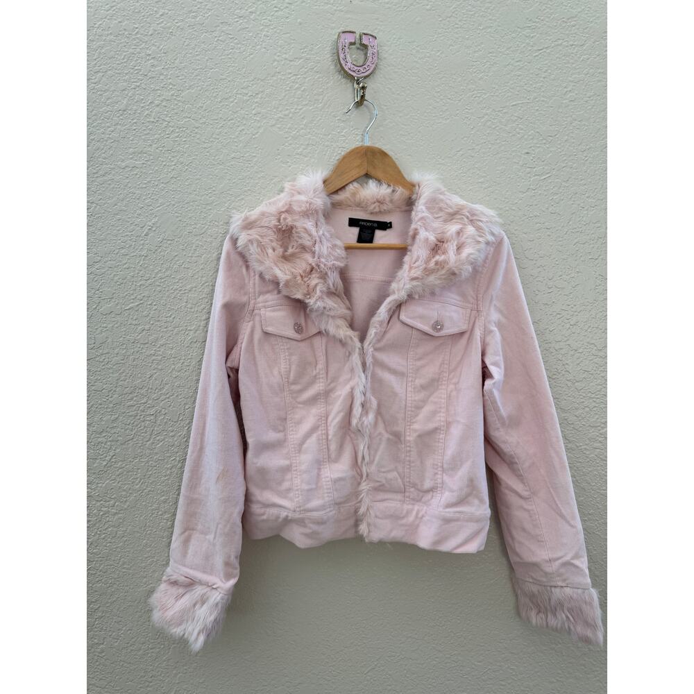 Vintage Y2K Pink Corduroy Rabbit Fur Trim Button Up Jacket